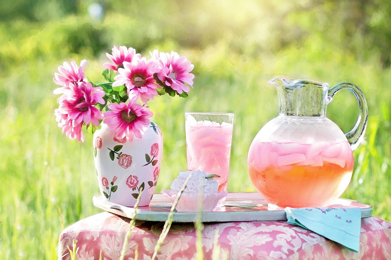 pink lemonade, summer, outdoors, nature, beverage, refreshment, flower vase, pink flowers, cold, thirsty